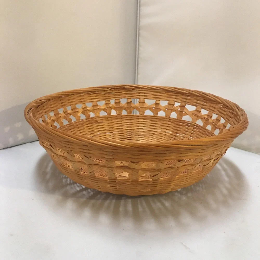 Woven Bamboo Round Basket Home Decor Medium Tan Lattice Rim Cottagecore